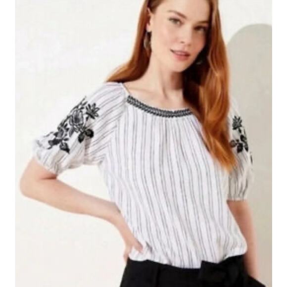 Loft Womens Top Size XL White gray Striped Puff Short Sleeve black embroidered - Picture 1 of 11